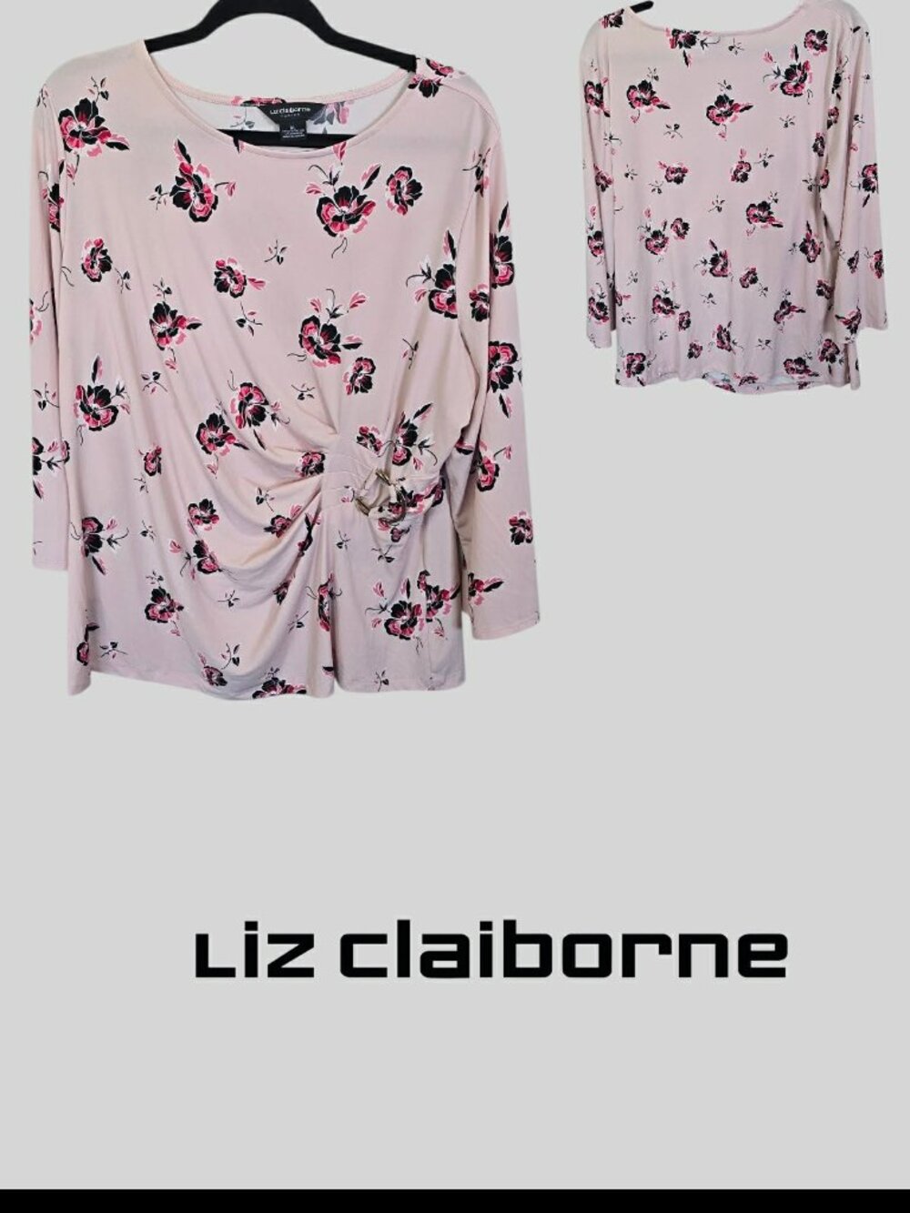 Liz Claiborne Pink Floral 3/4 Sleeve Faux Wrap Buckle Blouse Top Womens XL